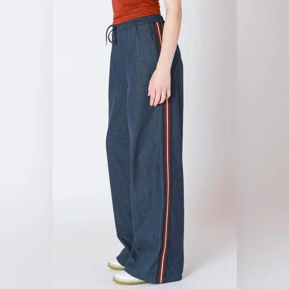 ZARA Blue Denim Wide Leg Drawstring Pull-on Pants w Red Side Stripe - Picture 2 of 9